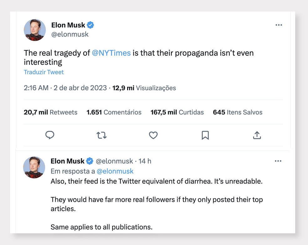 Elon Musk chama conteúdo do New York Times de 'diarreia' e diz que ...