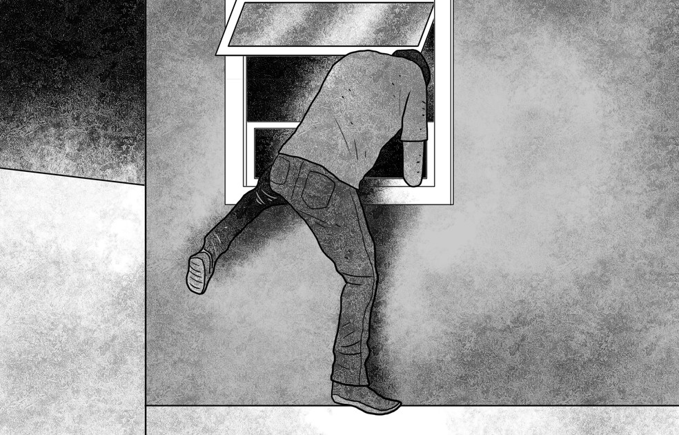 Depois de usar entorpecentes, Gilberto invade a casa das vítimas pela janela do banheiro, na madrugada de sábado — Foto: Editoria de Arte / O Globo