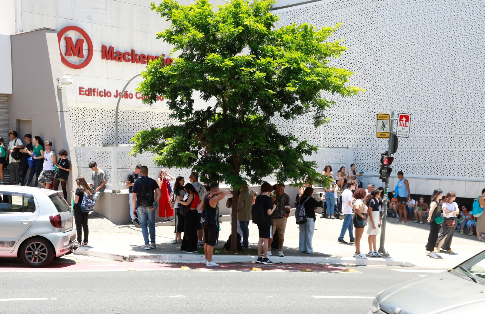 Para se refrescar do calor, candidatos buscaram refúgio na sombra de uma árvore até os portões abrirem — Foto: Edilson Dantas/Agência O Globo