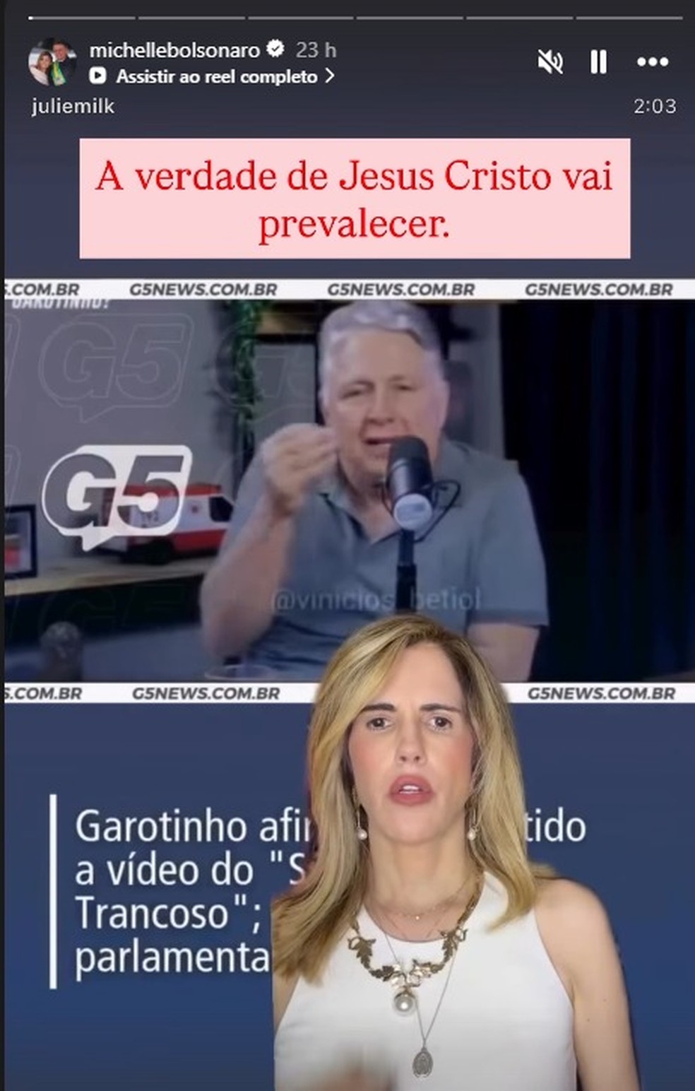Michelle reposta vídeo de Garotinho sobre a "festa das astronautas" — Foto: Reprodução / Redes Sociais