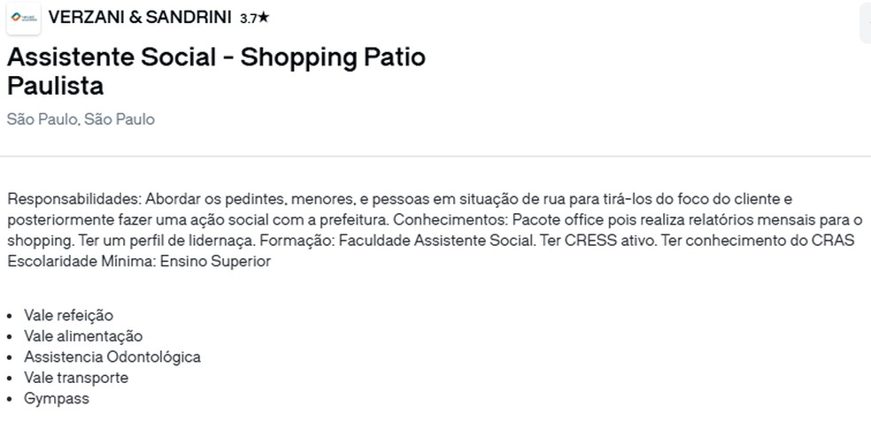 Empresa oferece vaga para abordar pessoas em situação de vulnerabilidade e tirá-los do foco do cliente — Foto: Reprodução/Glassdor
