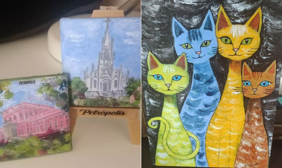 Colagem com alguns trabalhos de Lucimere Mazurec: à esquerda, alguns ímãs de geladeira (mini-quadros) e à direita, um quadro de gatos. — Foto: Arquivo Pessoal