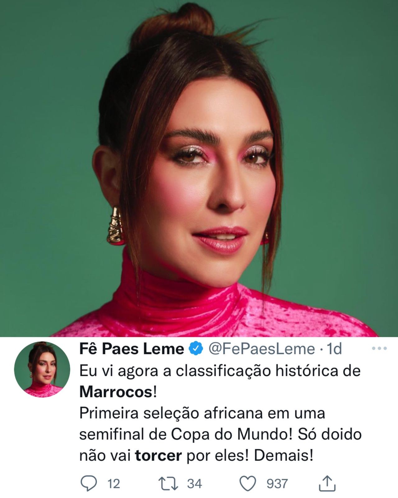 A atriz Fernanda Paes Leme declarou sua torcida para a seleção de Marrocos após a classificação para a semifinal — Foto: Reprodução