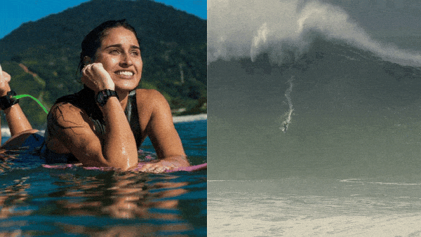 Michelle des Bouillons pegou a parede em dezembro de 2025 durante competi&ccedil;&atilde;o da WSL na Praia do Norte, em Nazar&eacute; &mdash; Foto: Reprodu&ccedil;&atilde;o/Rennan Chaves