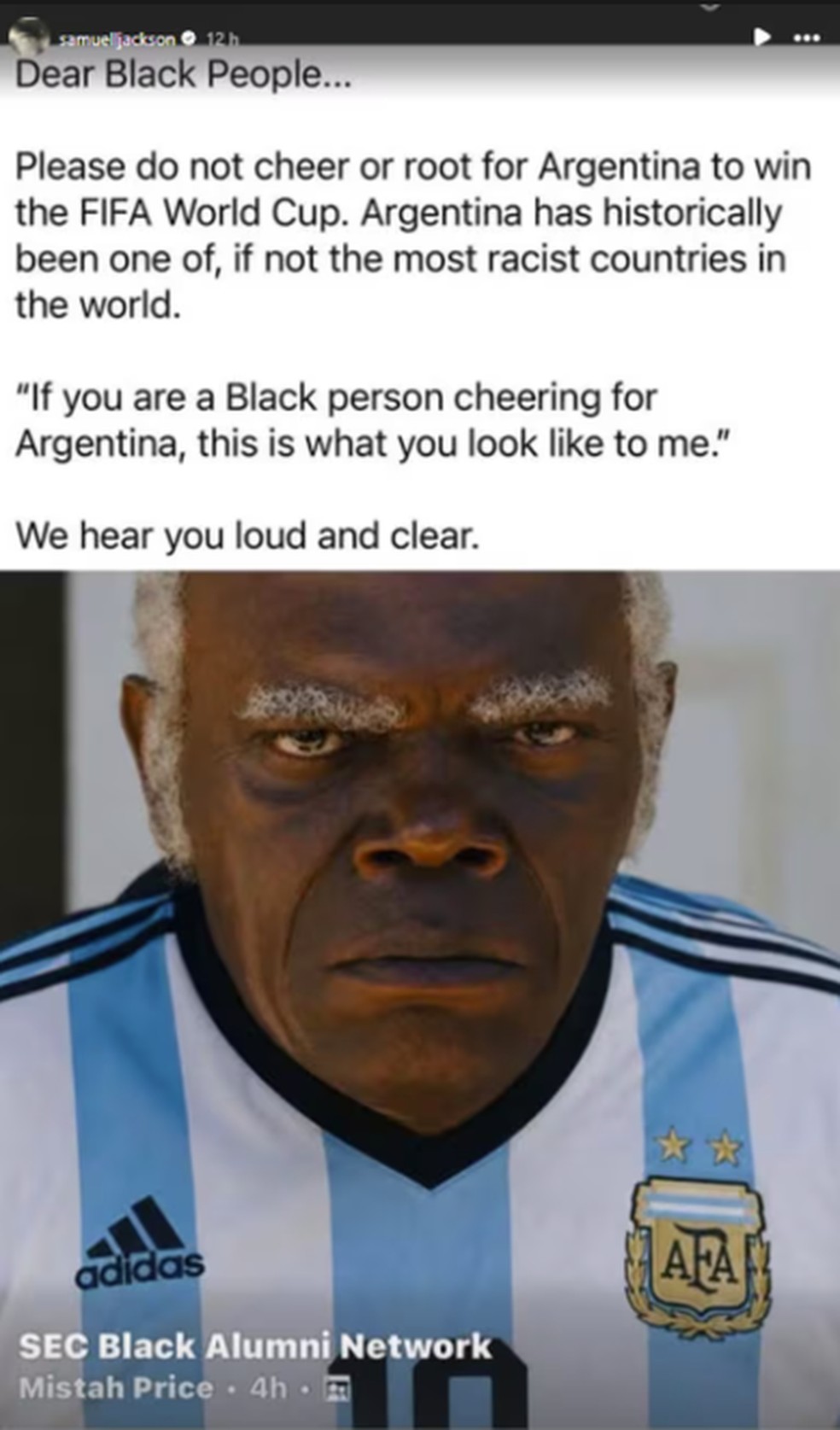 Samuel L. Jackson fez publicação para pedir que população negra não torcesse para a Argentina — Foto: Reprodução / Instagram