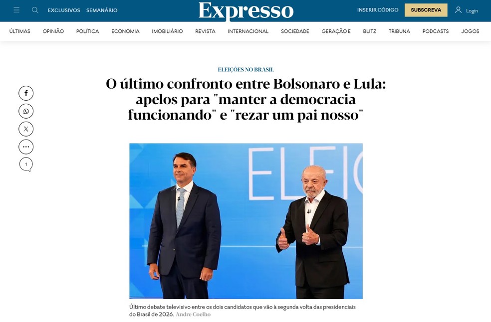 Jornal português destacou contraste entre apelos de Lula pela defesa da democracia e de Flávio Bolsonaro por uma oração antes do voto no segundo turno — Foto: Reprodução/Expresso